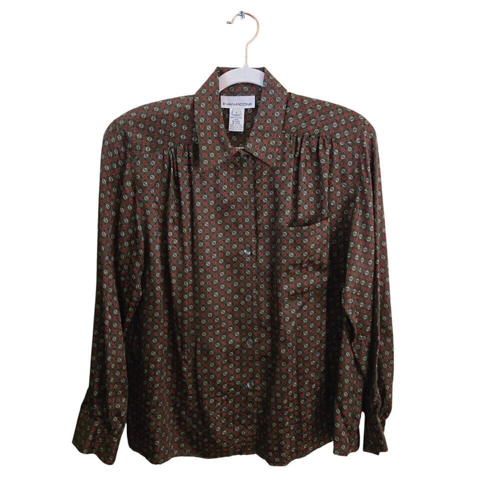 Evan Picone Vintage 100% Silk Brown Red 80s Oversized Blouse Size 6 - Picture 2 of 6